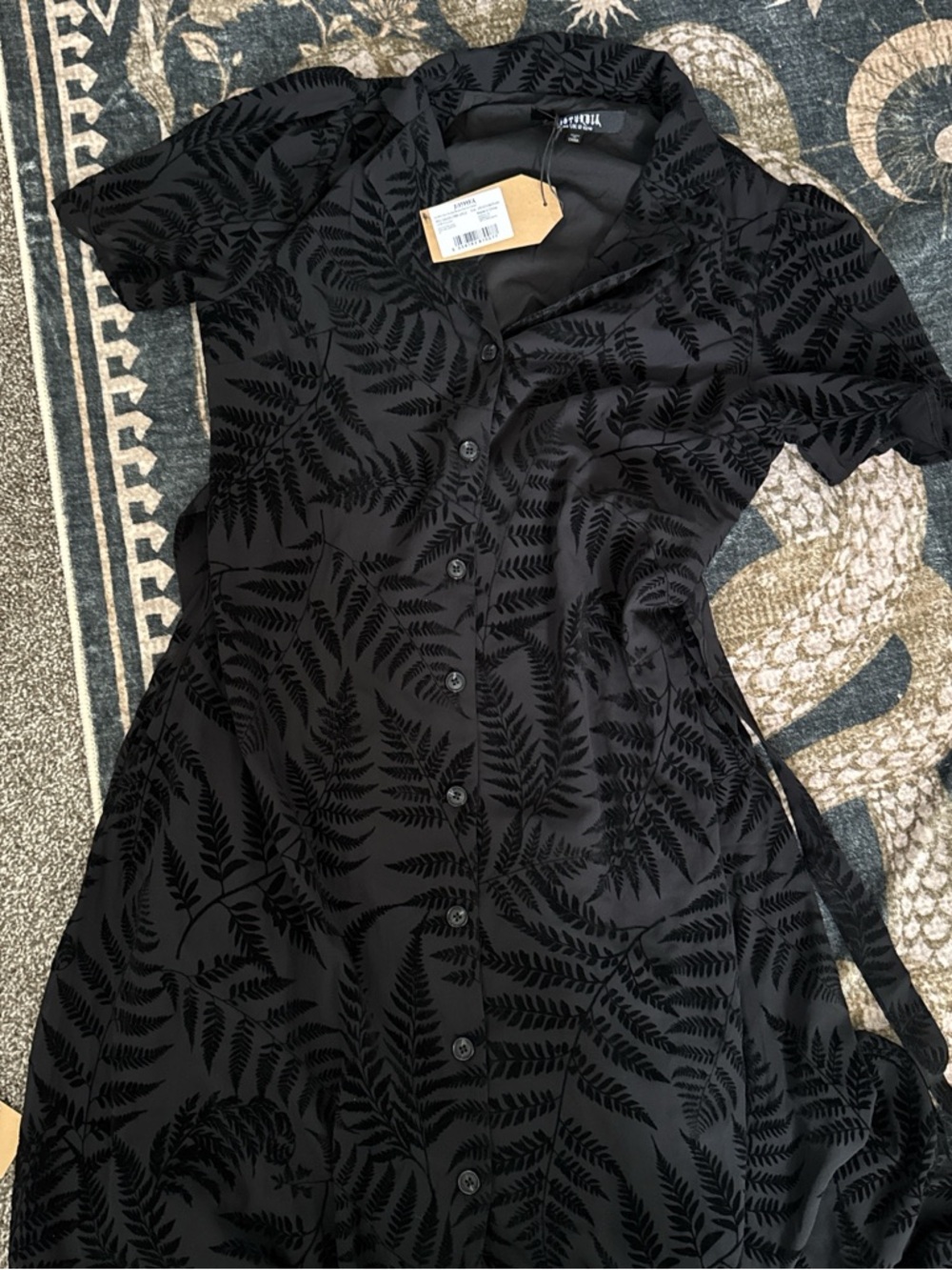 Disturbia Black Fern-Print Midi Button-Front Dress